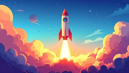 A vibrant cartoon depicts a rocket soaring through a colorful sky filled with clouds and celestial bodies. A bright contrail forms below