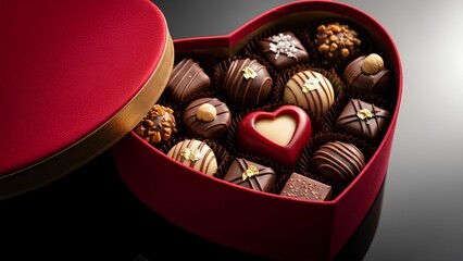 An open red heart-shaped box filled with various gourmet chocolates, including truffles and pralines, on a dark background.