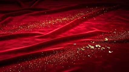 A close-up view of luxurious red velvet fabric adorned with sparkling golden glitter and flakes.
