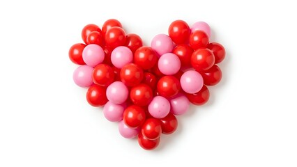 A vibrant heart shape created from numerous red and pink gumballs or candies on a clean white background, symbolizing love and sweetness.