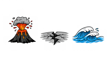 Natural disasters icons illustrating environment threats including a volcano eruption, cracked earth, and a blue tsunami waves