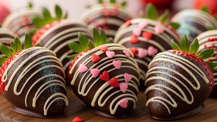 Close-up view of delicious chocolate-covered strawberries decorated with white drizzles and heart sprinkles, perfect for a sweet treat.