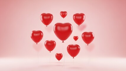 Multiple red heart-shaped balloons floating against a soft pink background, symbolizing love and celebration.