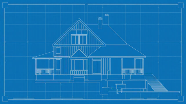 Architectural blueprint of a large house elevation with foundation and stairs drawing