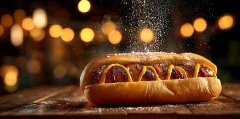 Gourmet Hot Dog with Mustard and Toppings on Wooden Table