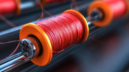 Spools of red thread are organized on a sewing machine during a busy crafting session in a workshop