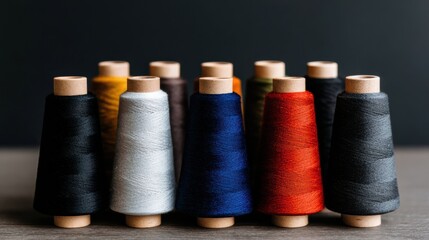 Colorful spools of thread arranged neatly on a wooden surface in a well-lit room showing a variety of colors and textures for sewing projects