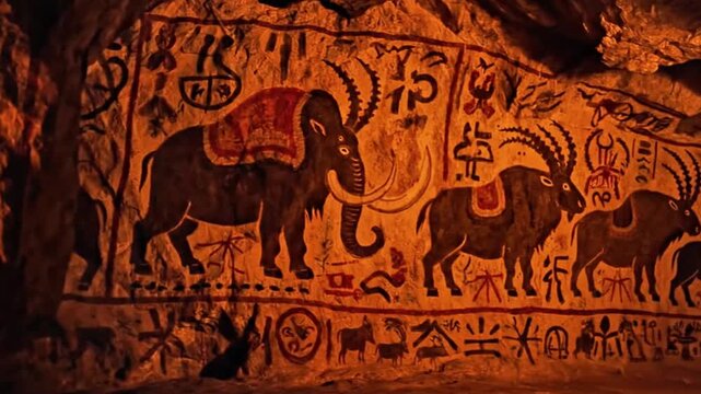 Flickering torchlight illuminating primitive animal paintings on a cave wall.