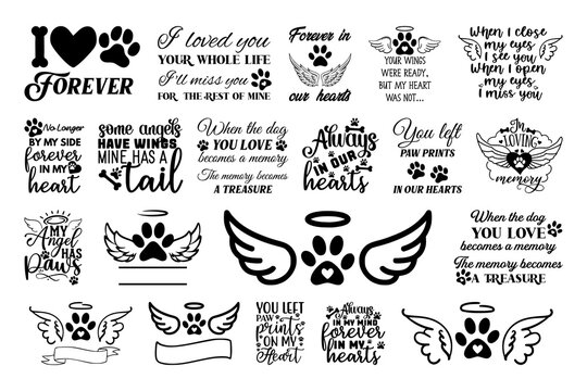 Pet Memorial Bundle Icon Set Paw Print Angel Wings Vector