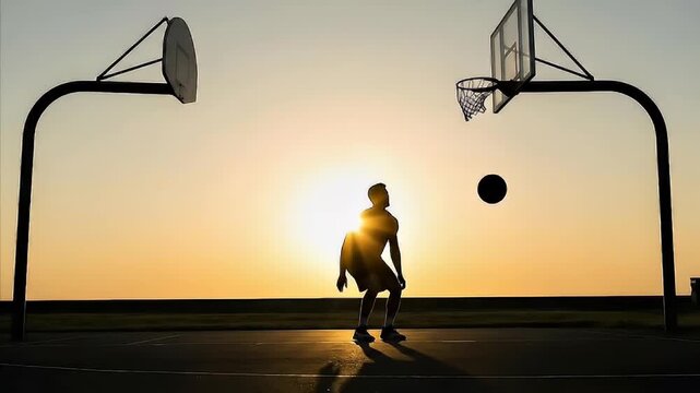 Silhouette of basketball player jumping to dunk ball between double hoops at sunset