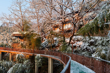 Sunrise on the snow-covered trails in the Moganshan Scenic Area, Deqing County, Huzhou City, Zhejiang Province, China.