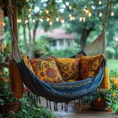 Relaxing in a cozy hammock on a patio, surrounded by lush greenery and fairy lights.