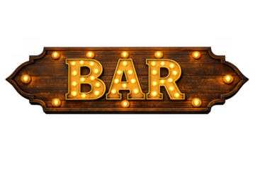 Bar sign illuminating with retro marquee lights on a wooden plaque, creating a vintage nightclub or pub atmosphere