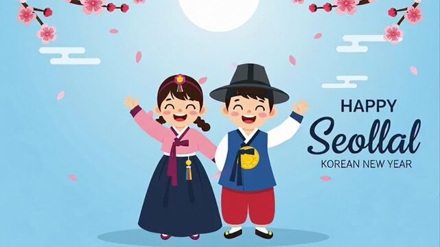 Happy Seollal Korean New Year greeting with cute children in traditional Hanbok