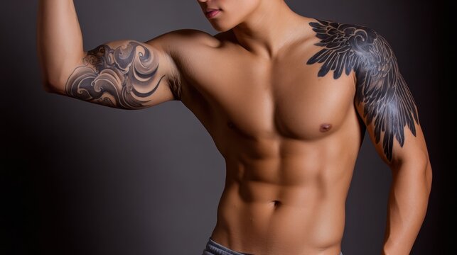 Young man flexes his arm showing tattoos in a studio setting with gray background during a photo session