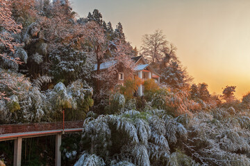 Sunrise on the snow-covered trails in the Moganshan Scenic Area, Deqing County, Huzhou City, Zhejiang Province, China.