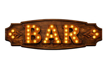 Illuminated wooden bar sign with marquee light bulbs glowing, pointing arrows, vintage retro design displaying nightlife concept