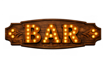 Illuminated wooden bar sign with marquee light bulbs glowing, pointing arrows, vintage retro design displaying nightlife concept