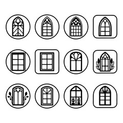 Vector illustrations of diverse architectural window frames, showcasing classic arched, gothic, and modern designs with decorative details, suitable for various design projects