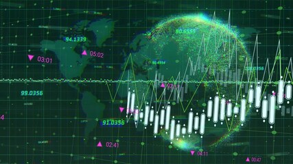 Financial data and stock market analysis animation over world map and globe - Powered by Adobe