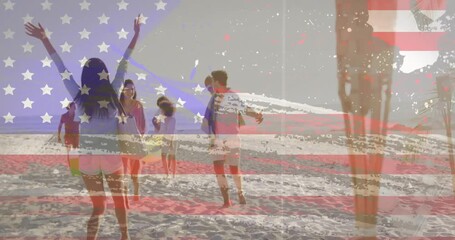 Enjoying beach activities, people with American flag animation in background - Powered by Adobe