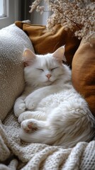A fluffy white cat naps peacefully nestled amongst cozy textured pillows and blankets. Pure serenity.