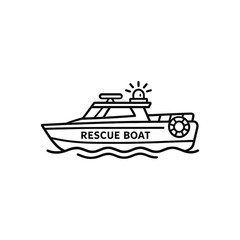 Minimalist illustration of a rescue boat afloat. Ideal for safetyrelated designs, infographics, childrens books, or educational materials about water emergencies.