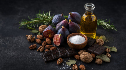 Moody still life food photography showcases fresh purple figs, walnuts, almonds, dark chocolate cubes, rosemary, bay leaves, coarse sea salt, and olive oil against a dark background.