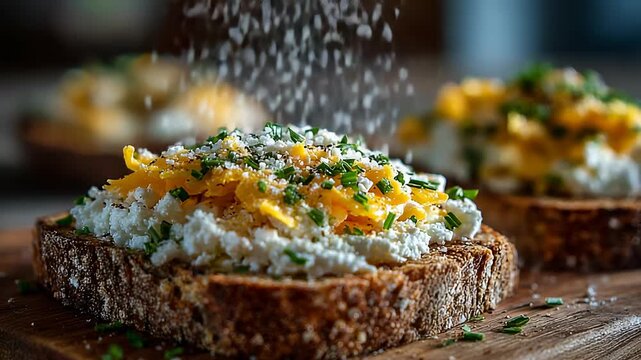 Rustic sourdough bread topped with creamy ricotta cheese, fresh egg yolk, and vibrant chives on a wooden board.