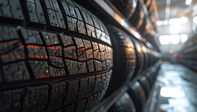 Close-up view of a stack of new tires in a tire shop, ready for sale and use.