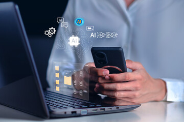 A person using a smartphone and laptop with artificial intelligence interface, representing AI technology, data management, automation, smart workflow, and digital transformation in modern business