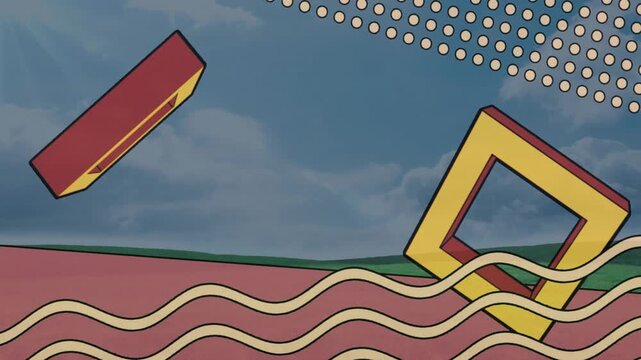 Floating geometric shapes forming surreal landscape, showcasing 3D prism and frame in flat design
