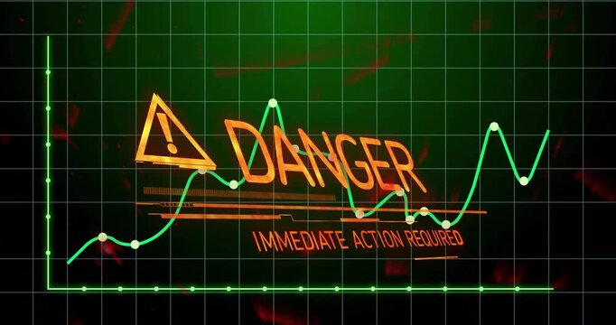 Orange warning display flashing over neon green line graph in flat design, showing HUD accents