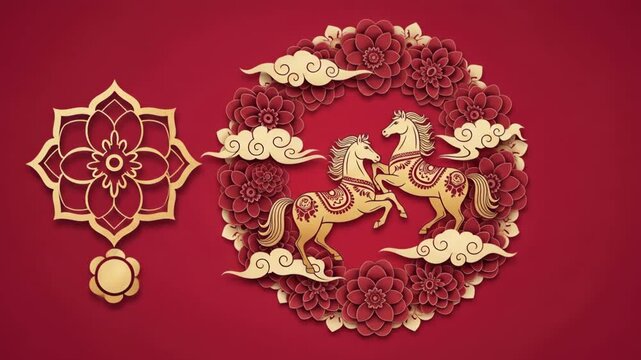 Chinese New Year Celebration with Golden Horses and Floral Designs.