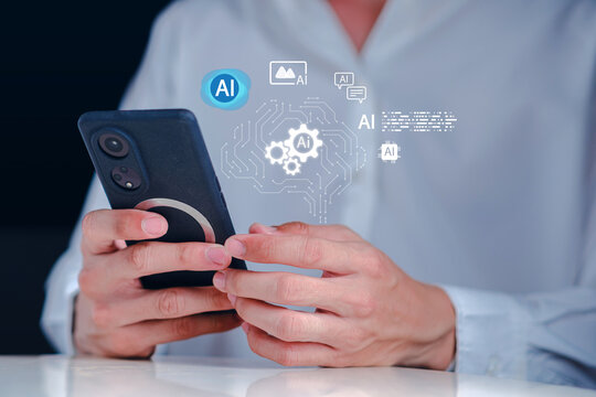 A person using a smartphone with artificial intelligence interface icons, representing AI technology, smart communication, automation, data processing, and modern digital innovation in business - Powered by Adobe