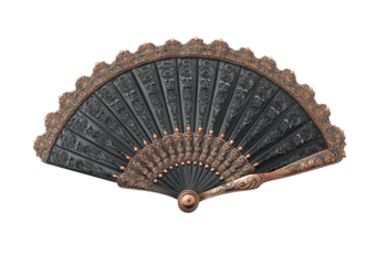 Ornate vintage style fan with detailed black panels and copper accents isolated on a transparent background