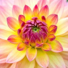Fototapeta premium Close-up view of a vibrant dahlia flower with a mix of pink, yellow, and orange petals, showcasing intricate details.