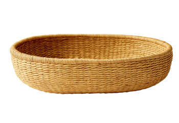 Oval woven basket with a natural straw texture and a round bottom isolated on a transparent background