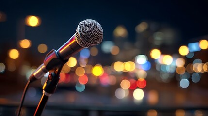 Microphone on a stand with blurred city lights at night