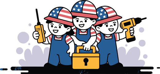 Cartoon workers American flag hard hats tools illustration