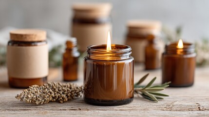 Warm glow from amber candles enhances cozy atmosphere with natur