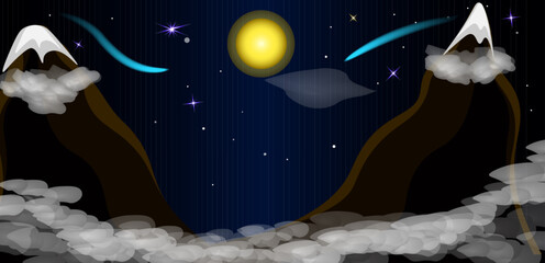  Night landscape. Snow-capped mountains, shrouded in fog and clouds.