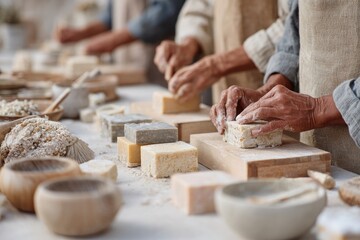 Hands sculpting various materials in serene workshop, showcasing