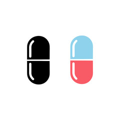 Two minimalist capsule pill icons with a flat design on a white background. Ideal for medical, pharmaceutical, or health-related projects, including websites, apps, infographics, and presentations.