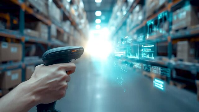Hand holding barcode scanner glowing holographic data display warehouse aisle boxes inventory management logistics scene