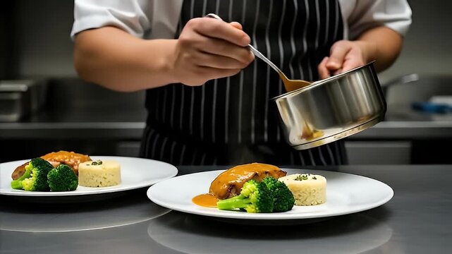 Chef drizzling savory sauce over gourmet dish in professional kitchen
