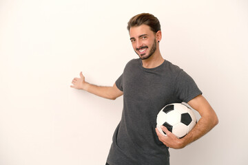 Young football player woman isolated on white background extending hands to the side for inviting to come