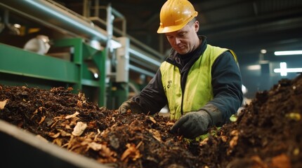 Industrial worker wearing safety equipment carefully examining compost material at a waste processing facility, highlighting innovative production methods in waste management