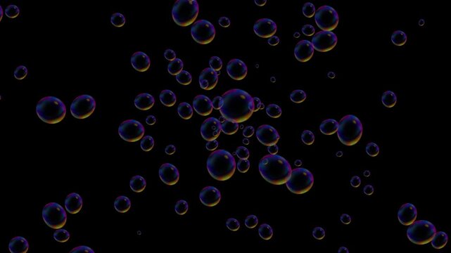 Bright berry soap bubbles floating outward in 3D radial burst on black background, abstract visual effects animation, dynamic motion graphics, 4K video.