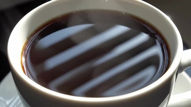 Abstract dynamic pattern of sharp, geometric window blind shadows moving quickly over the dark, reflective surface of hot black coffee in a minimalist white mug modern, pattern, stylish